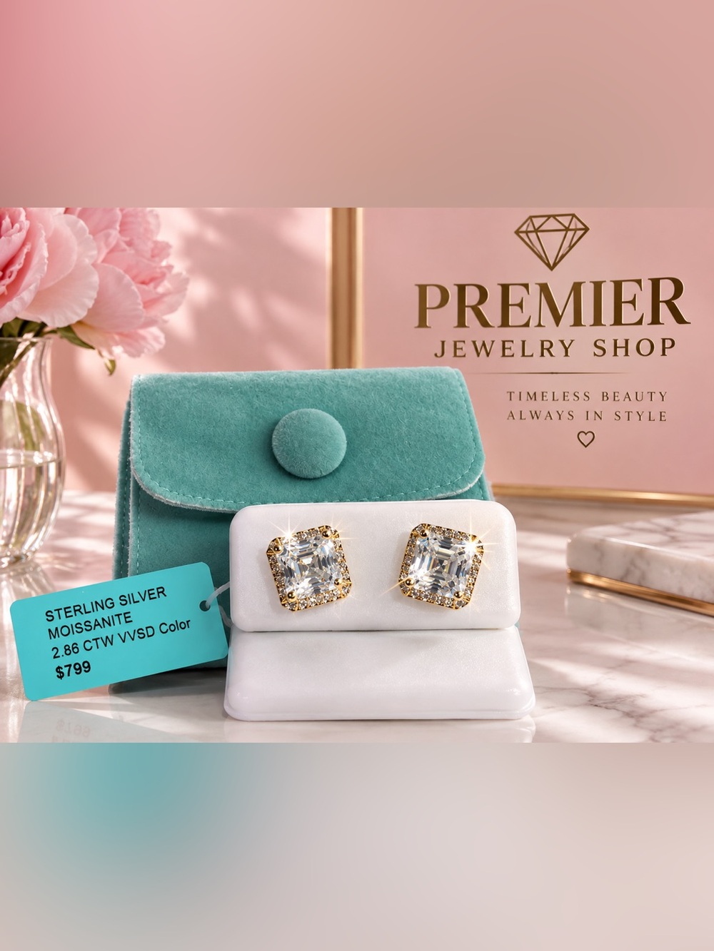 2.86 CTW Moissanite Square Halo Stud Earrings gold plated over sterling silver
